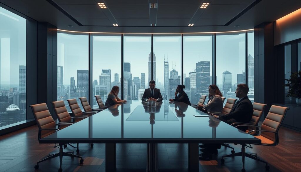 A sleek and modern office interior with a large conference table, sleek chairs, and minimal decor. In the foreground, several professionals are gathered around the table, engaged in a meeting or presentation. Soft, directional lighting illuminates the scene, creating a professional and collaborative atmosphere. The background features tall windows overlooking a bustling city skyline, further emphasizing the corporate and business-focused setting. The overall mood is one of efficiency, productivity, and high-level B2B marketing services. A sleek and modern office interior with a large conference table, sleek chairs, and minimal decor. In the foreground, several professionals are gathered around the table, engaged in a meeting or presentation. Soft, directional lighting illuminates the scene, creating a professional and collaborative atmosphere. The background features tall windows overlooking a bustling city skyline, further emphasizing the corporate and business-focused setting. The overall mood is one of efficiency, productivity, and high-level B2B marketing services.