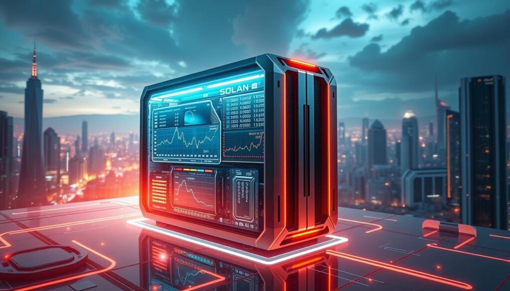 A sleek, futuristic Solana blockchain node, surrounded by a vibrant, holographic interface displaying real-time transaction data and network analytics. The node's metallic chassis is backlit by a warm, pulsing glow, casting a soft light on the intricate circuitry and cooling systems that power its high-performance computing. In the background, a cityscape of towering skyscrapers and futuristic architecture stretches out, hinting at Solana's global reach and enterprise-level applications. The overall scene conveys a sense of technological sophistication, efficiency, and the transformative potential of Solana's lightning-fast blockchain.