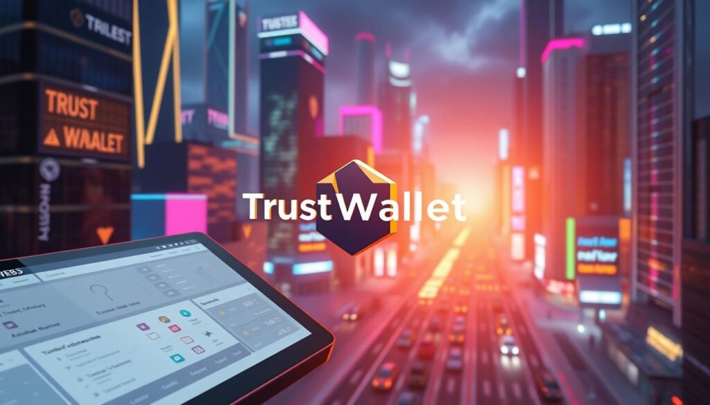 A sleek, high-tech digital wallet interface, showcasing the seamless integration of Web3 functionality. The foreground features a clean, intuitive dashboard with crisp icons and buttons, allowing users to effortlessly manage their cryptocurrency assets, interact with decentralized applications, and explore the Web3 ecosystem. In the middle ground, a 3D model of the Trust Wallet logo hovers, radiating an aura of trust and security. The background depicts a dynamic, futuristic cityscape with towering skyscrapers, neon-lit streets, and a vibrant, technologically advanced ambiance, representing the cutting-edge nature of the Web3 integration. Warm, directional lighting casts a subtle glow, enhancing the modern, sophisticated aesthetic. The overall composition conveys the seamless, user-friendly experience of Trust Wallet's Web3 integration, empowering users to navigate the decentralized finance landscape with confidence and ease.