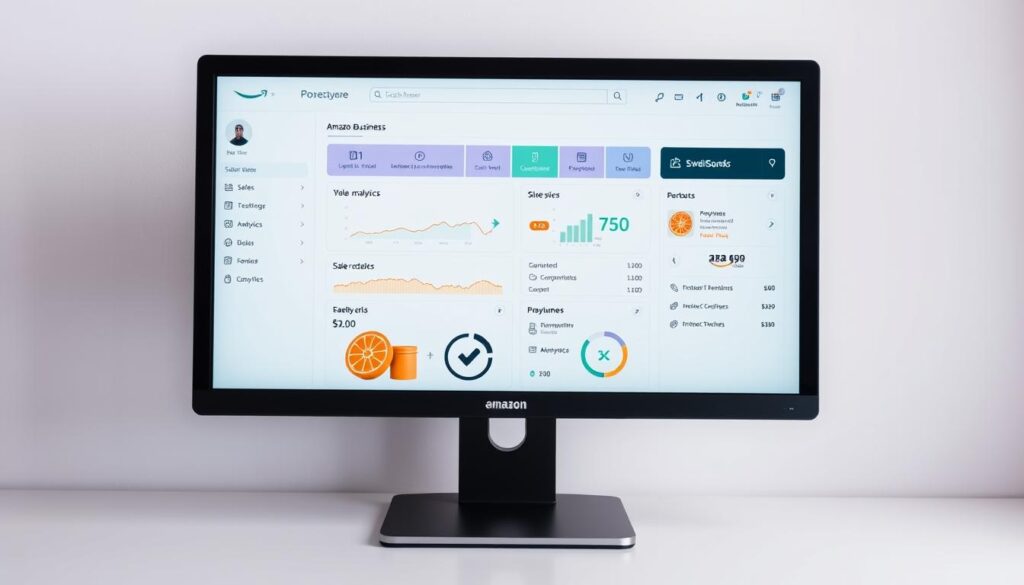 A sleek, modern Amazon Business dashboard displayed on a high-resolution monitor. The interface showcases various analytics, sales data, and customization options against a clean, minimalist background. The screen is well-lit, with soft, directional lighting accentuating the dashboard's key features. The overall mood is one of professionalism and efficiency, inviting the user to seamlessly navigate and configure their Amazon Business account.