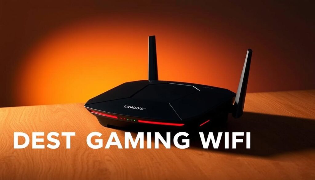 A sleek, modern Linksys Hydra Pro6E gaming WiFi router resting on a wooden surface, bathed in warm, diffused lighting. The device features a striking hexagonal design with bold red accents, conveying a sense of power and performance. Its imposing presence dominates the frame, showcasing the router's advanced features and cutting-edge technology. In the background, a subtle gradient adds depth and sophistication, complementing the router's premium aesthetic. The image exudes a sense of cutting-edge gaming and seamless connectivity, perfectly capturing the essence of the "Best Gaming WiFi Router" category.