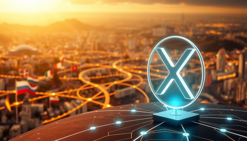 A sleek, modern digital payment platform against a backdrop of global connectivity. In the foreground, a stylized XRP cryptocurrency symbol glows with an ethereal luminescence, casting a soft light on the surrounding landscape. In the middle ground, a network of interconnected nodes and pathways represent the cross-border transaction flow, highlighting the speed and efficiency of the XRP ledger. The background is a vibrant tapestry of international flags and financial hubs, symbolizing the worldwide reach and impact of this innovative payment solution. The scene is bathed in a warm, sophisticated color palette, conveying a sense of trust, security, and technological advancement.