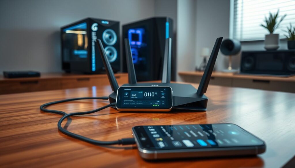 A sleek, modern gaming router stands atop a glossy wooden desk, its LED indicators glowing softly. In the foreground, a network cable snakes across the surface, connecting the router to a high-end gaming PC. The middle ground features a smartphone displaying network settings and optimization tools, with a subtle ambient glow illuminating the scene. The background is a minimalist home office setting, with clean lines and muted tones that create a sense of focus and efficiency. Soft, directional lighting casts subtle shadows, emphasizing the router's elegant design and the precision of the setup. The overall atmosphere conveys a sense of technological mastery and a dedication to optimizing the gaming experience.