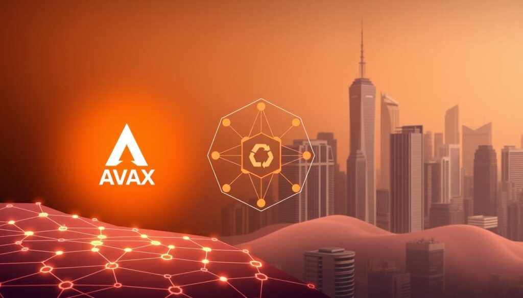 A sleek, modern illustration of the Avalanche smart contract platform. In the foreground, a vibrant AVAX logo shines against a backdrop of hexagonal blockchain nodes, representing Avalanche's scalable and interconnected network. In the middle ground, a stylized representation of the Avalanche consensus mechanism, with validators meticulously verifying transactions in a secure and decentralized manner. The background depicts a cityscape of towering skyscrapers, symbolizing Avalanche's integration with real-world applications and its role in the broader cryptocurrency ecosystem. The scene is illuminated by a warm, diffused light, creating a sense of sophistication and innovation.