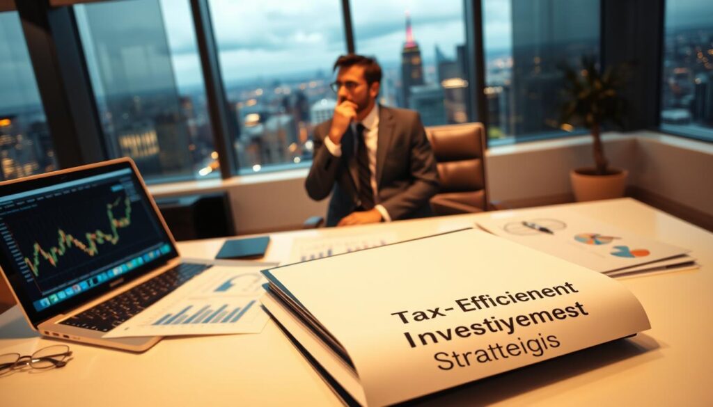 A sleek, modern office setting with a well-lit desk showcasing various investment-related documents, charts, and a laptop displaying stock market data. In the foreground, a folder labeled "Tax-Efficient Investment Strategies" is prominently displayed, drawing the viewer's attention. The middle ground features a businessperson in a tailored suit, deep in thought, contemplating their investment decisions. The background depicts a panoramic cityscape, conveying a sense of financial opportunity and growth. The lighting is warm and inviting, creating a professional and sophisticated atmosphere. The overall composition suggests a thoughtful, strategic approach to managing investments while considering the tax implications.