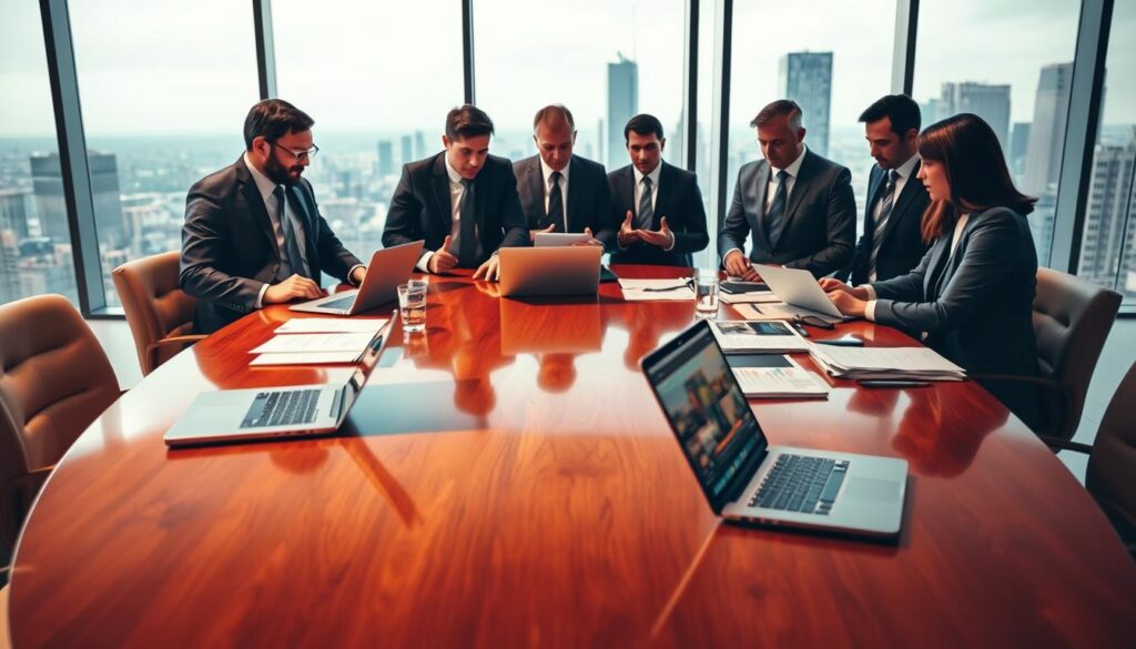 A sophisticated, detailed image of expert opinions on Shiba Inu Coin. A highly polished, curved wooden table in the foreground, with several open laptops, tablets, and documents spread across it, suggesting ongoing research and analysis. In the middle ground, a group of business professionals in suits and ties, engaged in a serious discussion, gesturing towards the table. In the background, a modern, minimalist office setting with large windows overlooking a city skyline, conveying a sense of authority and credibility. Warm, directional lighting casts shadows and highlights the expressions and body language of the experts. The overall mood is one of thoughtful consideration and expert scrutiny of the Shiba Inu cryptocurrency.