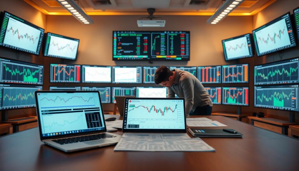 A spacious office setting with a large desk in the foreground, displaying a laptop, graphs, and financial charts. In the middle ground, a person hunched over the desk, deeply engaged in analyzing the data. The background features a wall of monitors displaying various trading strategies and performance metrics. The lighting is soft and warm, creating a focused, contemplative atmosphere. The scene conveys the process of backtesting and refining trading strategies, leveraging the capabilities of an AI assistant like ChatGPT to optimize investment decisions.