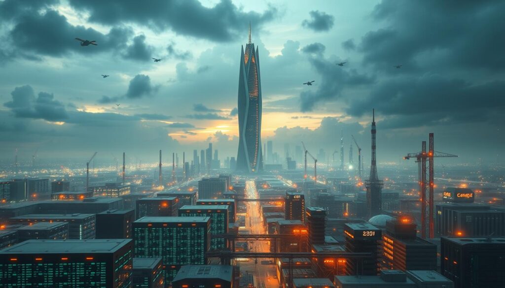A sprawling industrial landscape, dominated by the towering presence of the FireKirin XYZ gaming corporation. In the foreground, a network of gleaming data centers and server farms, their blinking lights and humming engines a symphony of technological might. Soaring in the background, a sleek, futuristic headquarters building - a bold architectural statement of the company's ambition and influence. The sky, a hazy mix of blues and greys, is pierced by the ascending trails of communications satellites, beaming the FireKirin experience to the far reaches of the globe. A sense of momentum and innovation permeates the scene, as the industry impact of this gaming juggernaut unfolds, transforming the digital landscape.