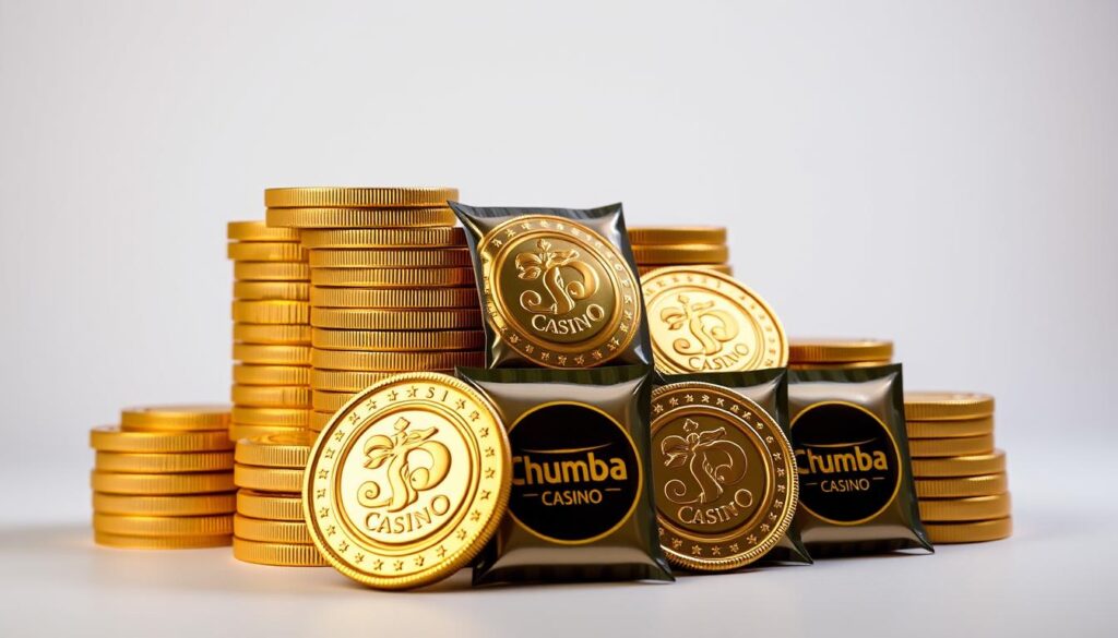A stack of gleaming Chumba Casino gold coin packages, arranged in a visually striking display. The coins are depicted as large, heavy, and meticulously detailed, with a rich, lustrous gold finish that catches the light. The packages are designed with a premium look and feel, featuring the Chumba Casino logo prominently displayed. The setup is captured in a clean, well-lit studio setting, with a soft, diffused lighting that enhances the luxurious appearance of the coins. The composition places the coin packages in the foreground, with a simple, uncluttered background that allows the main subject to take center stage. The overall mood is one of quality, exclusivity, and the anticipation of a rewarding casino experience.