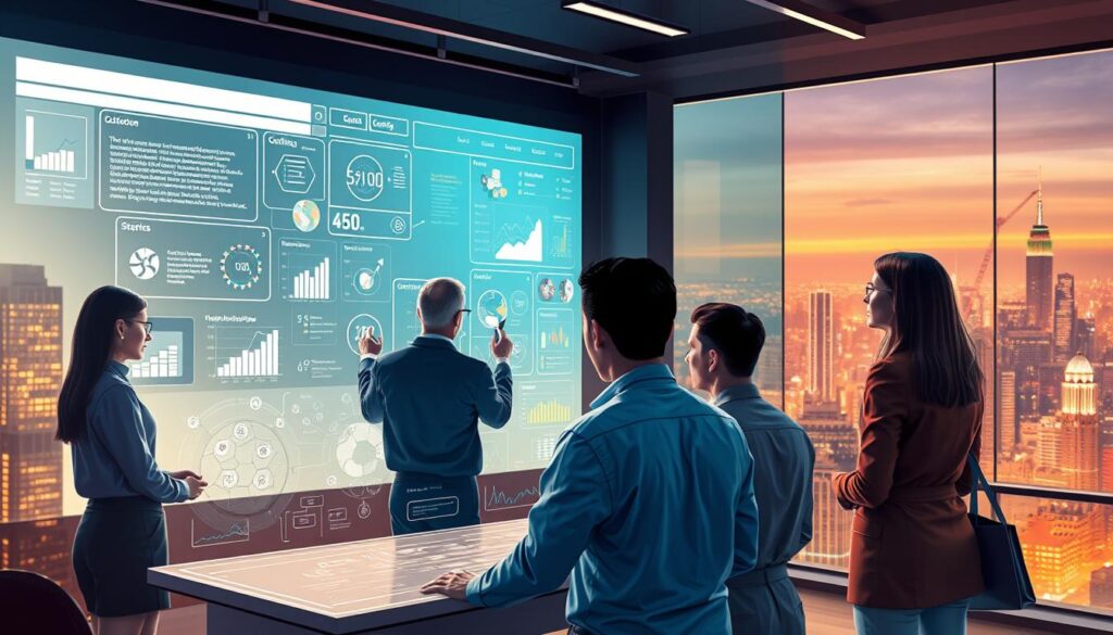 A strategic digital marketing development process, captured in a cinematic, high-resolution illustration. The foreground depicts a team of experts collaborating on a sleek, holographic interface, diagramming the customer journey, SEO tactics, and social media campaigns. The middle ground showcases data visualizations, performance metrics, and market insights projected onto the wall. In the background, a panoramic cityscape with skyscrapers and neon lights conveys a sense of a dynamic, tech-savvy environment. The lighting is a balance of warm and cool tones, creating depth and atmosphere. The overall mood is one of professionalism, innovation, and forward-thinking.