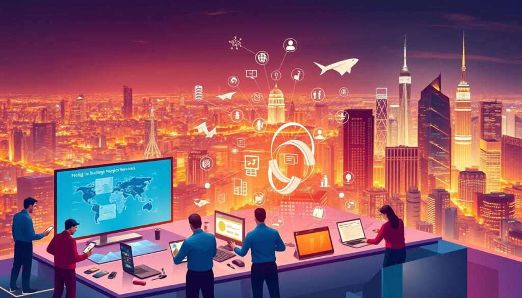 A vibrant and dynamic digital marketing services illustration. In the foreground, a diverse team of digital marketing professionals collaborating on a sleek, futuristic interface, surrounded by an array of modern digital devices and technology. In the middle ground, an array of digital marketing icons and symbols float in a three-dimensional space, representing the various services offered. In the background, a panoramic cityscape with towering skyscrapers and glowing neon lights, conveying the fast-paced, tech-driven nature of the digital marketing industry. The lighting is warm and focused, creating a sense of energy and professionalism. The overall composition is balanced and visually striking, effectively communicating the breadth and expertise of a leading digital marketing agency.