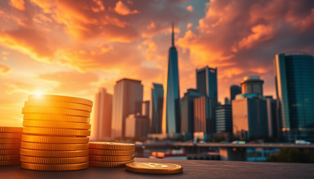 A vibrant and dynamic image of Bitcoin Cash investment, captured in a cinematic style. In the foreground, a stack of shimmering golden Bitcoin Cash coins, reflecting the warm glow of a setting sun. The middle ground features a city skyline, its towering skyscrapers and glass facades evoking a sense of financial power and prosperity. In the background, a dramatic sky with swirling clouds and bursts of orange and pink hues, creating an atmosphere of excitement and potential. The lighting is dramatic, casting long shadows and highlighting the textures and details of the scene. The camera angle is slightly elevated, giving the viewer a sense of being part of the investment landscape. The overall mood is one of growth, opportunity, and the promise of financial reward.