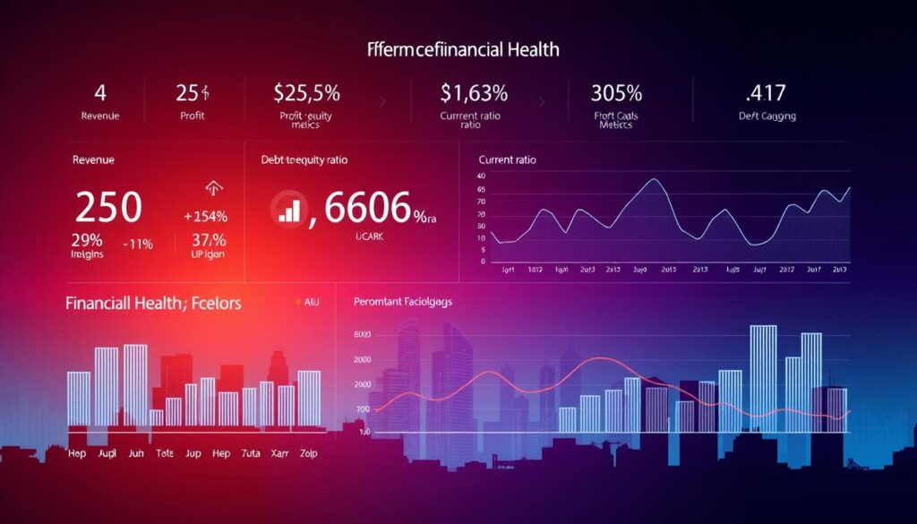 A vibrant and informative data visualization showcasing a range of financial health metrics. In the foreground, a clean and modern dashboard displays key indicators such as revenue, profit margins, debt-to-equity ratio, and current ratio, all presented in a clear, easy-to-read format. The middle ground features detailed line graphs and bar charts tracking the company's performance over time, with subtle gridlines and tick marks providing context. In the background, a minimalist cityscape silhouette sets the scene, conveying a sense of the broader economic landscape. The overall mood is one of analytical clarity, with a cool, professional color palette and precise, high-quality rendering to bring the financial data to life.
