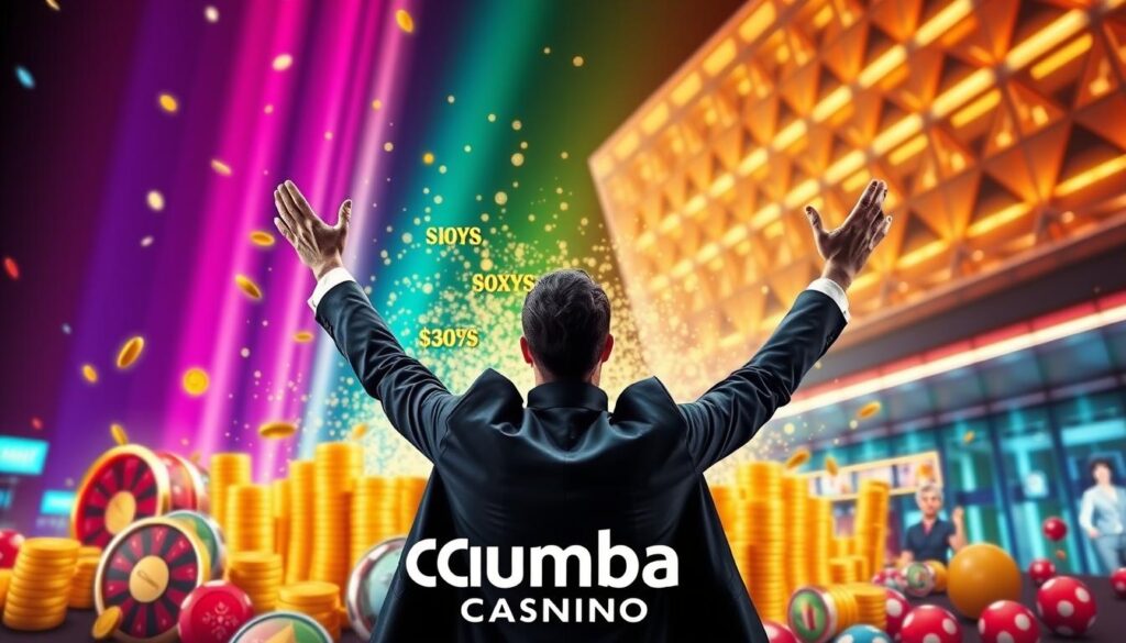 A vibrant casino-themed social media advertisement set against a glowing backdrop of neon lights. In the foreground, a captivating collage of casino icons and symbols - spinning reels, stacks of golden coins, and enticing bonuses. The middle ground features a well-dressed casino patron, arms raised in excitement, surrounded by a swirling vortex of digital particles. In the background, a sleek, modern casino facade, its geometric architecture bathed in a spectrum of pulsing, mesmerizing colors. The overall scene emanates a sense of energy, excitement, and the thrill of potential winnings, inviting the viewer to explore the alluring world of Chumba Casino's promotions.