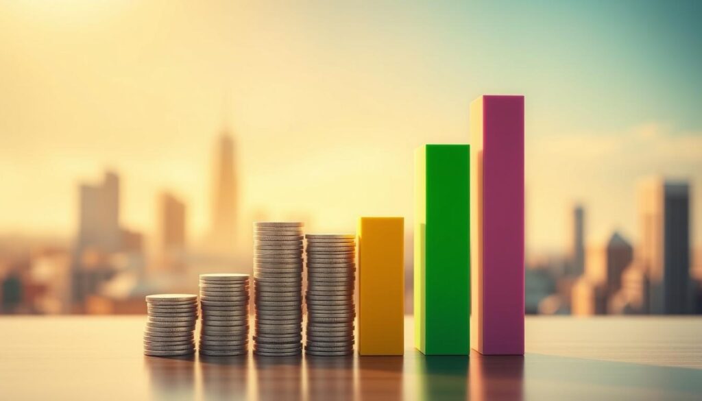 A vibrant, data-driven visualization of a savings growth projection. In the foreground, a neatly organized bar chart depicting the increasing value of a savings account over time, represented by stacked columns of varying heights. The background features a softly blurred cityscape, suggesting the broader financial landscape. Warm, directional lighting casts a gentle glow, creating a sense of optimism and progress. The overall composition conveys a clear, visually compelling story of how a consistent savings plan can lead to substantial growth over time.