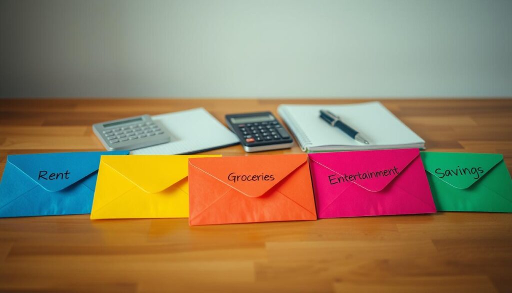 A vibrant image of budgeting categories, captured with a high-resolution camera lens in a warm, ambient lighting. In the foreground, a series of colorful envelopes, each labeled with a different budgeting category, such as "Rent," "Groceries," "Entertainment," and "Savings." The envelopes are neatly arranged on a wooden table, with a subtle vignette effect creating a sense of depth and focus. In the middle ground, a calculator, a pen, and a notebook, hinting at the financial planning and organization involved in the envelope budgeting system. The background features a soft, blurred out wall, creating a clean and minimalist composition that emphasizes the budgeting categories as the central focus of the image.
