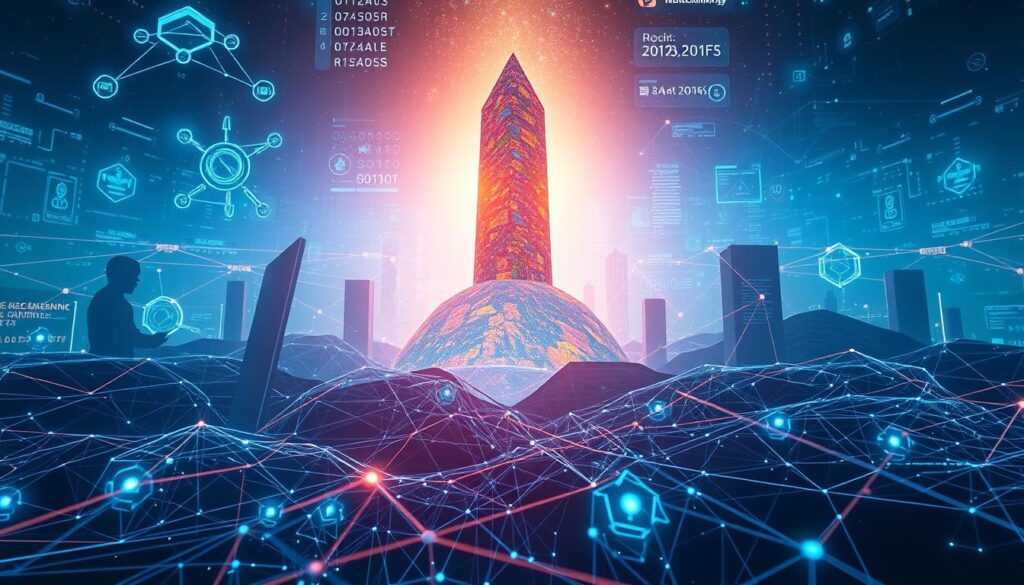 A visually striking scene depicting the evolution of blockchain technology and its impact on the world of NFTs. In the foreground, a futuristic representation of a blockchain network, with interconnected nodes and dynamic data flows. In the middle ground, a towering NFT artwork emerges, its digital form pulsing with energy and life. The background is a dreamscape of emerging technologies, with glimpses of augmented reality, virtual worlds, and decentralized applications. The lighting is a mesmerizing blend of cool blues and warm golds, creating a sense of depth and technological sophistication. The overall atmosphere conveys the transformative potential of blockchain and NFTs, shaping the future of digital art, ownership, and beyond.