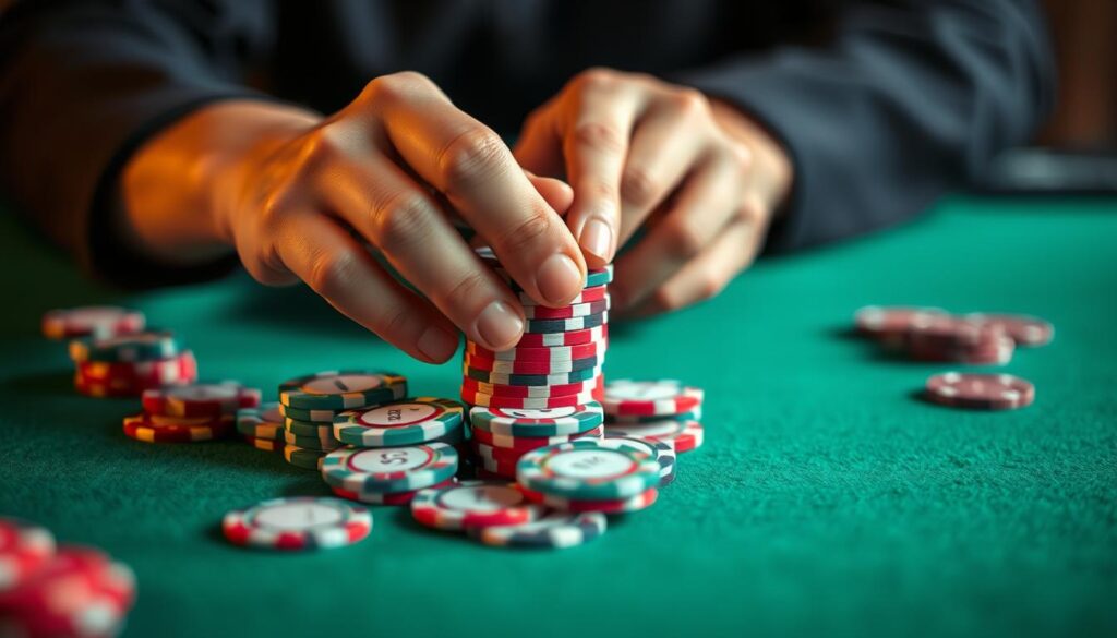 A well-lit close-up view of a person's hands carefully counting and stacking various denominations of casino chips on a green felt table surface, conveying the strategic thought process and discipline of bankroll management. The image has a calm, contemplative mood, with a shallow depth of field that focuses the viewer's attention on the hands and the chips. The lighting casts subtle shadows, adding depth and dimension to the scene. The composition is balanced and symmetrical, with the hands and chips positioned centrally within the frame.
