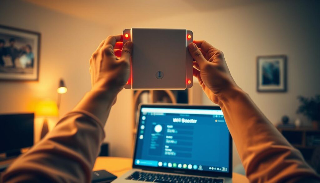 A well-lit, detailed installation scene showcasing the setup of a modern WiFi booster. In the foreground, hands carefully positioning the device on a wall-mounted bracket, with the booster's LED indicators illuminated. The middle ground features a laptop or tablet displaying the booster's configuration interface, highlighting the optimization process. In the background, a neatly organized home office or living room setting, conveying a sense of functionality and purpose. Warm, directional lighting casts a soft glow, emphasizing the technical nature of the task. The overall mood is one of focused, professional installation, guiding the viewer through the necessary steps for improving their home's WiFi connectivity.
