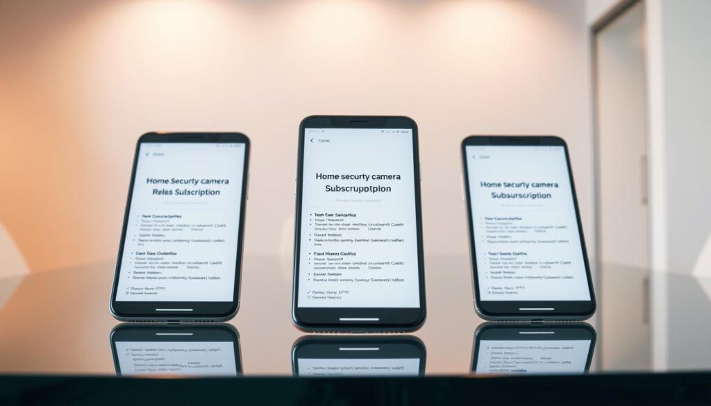 A well-lit, modern office setting with a clean, minimalist aesthetic. On a sleek, glass-topped desk, three smartphones are arranged in a row, each displaying a different home security camera subscription plan on their screens. The phones are positioned at an angle, creating a sense of depth and showcasing the plans in a clear, organized manner. Soft, diffused lighting from overhead fixtures casts a warm glow on the scene, highlighting the detailed information presented on the phone displays. The background is a neutral, muted color palette, allowing the devices and their content to take center stage. The overall composition conveys a sense of professionalism and attention to detail, making it easy for the viewer to compare and contrast the various subscription options.
