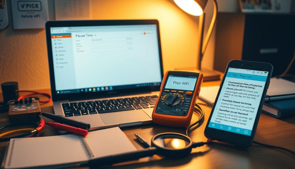 A well-lit office desk with a laptop, smartphone, and various troubleshooting tools like a multimeter and cables. The laptop screen displays the Piso WiFi interface, with the "Pause Time" settings highlighted. The smartphone shows a troubleshooting app or forum thread discussing common Piso WiFi pause time issues. The desk is organized, with a magnifying glass, notebook, and other problem-solving aids nearby. The lighting is warm and focused, creating a professional, problem-solving atmosphere. The overall scene conveys a sense of diligently addressing and resolving Piso WiFi pause time problems.
