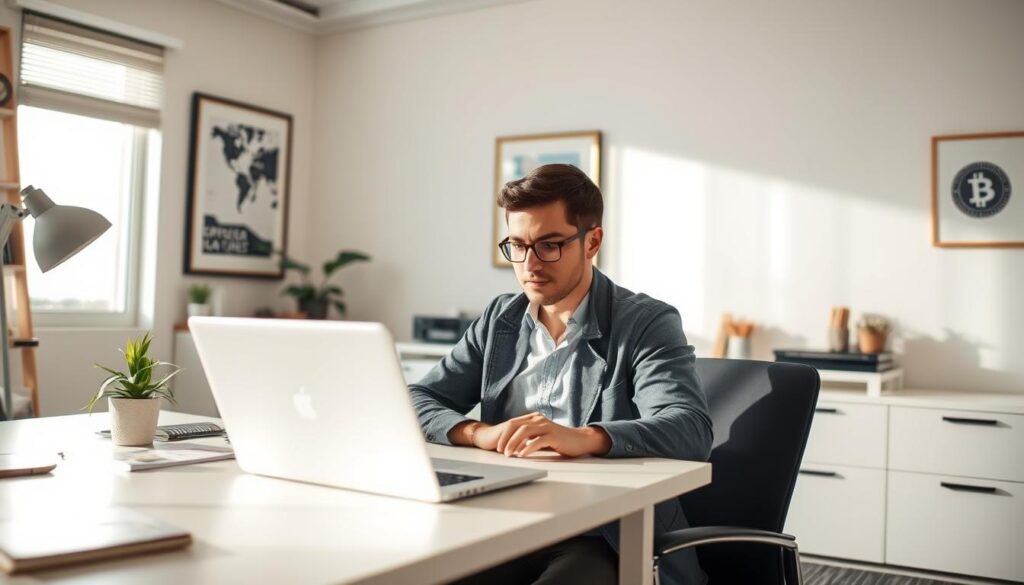 A well-lit office interior with a person sitting at a desk, laptop open, examining a cryptocurrency exchange website. The desk is clutter-free, with a clean, professional aesthetic. The lighting is bright and natural, creating a sense of focus and productivity. The person's expression is one of concentration, as they navigate the exchange's user interface, preparing to securely purchase Bitcoin. In the background, the room is tastefully decorated, with minimal artwork and decor, creating a calm and professional atmosphere suitable for financial transactions.