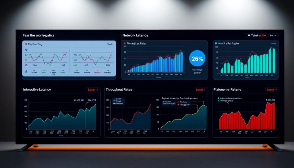 An illuminated data visualization dashboard displaying a detailed performance comparison of low-latency gaming routers. The foreground features clean, minimalist infographic panels showcasing network latency metrics, ping times, and throughput rates in a sleek, data-driven layout. The middle ground depicts interactive charts and graphs highlighting the statistical analysis, with vibrant color schemes and smooth data visualizations. The background subtly blends a neutral grey gradient, allowing the core performance data to take center stage. Soft, warm lighting creates an air of precision and professionalism, complementing the technical nature of the content. The overall aesthetic strikes a balance between analytical rigor and visual appeal, capturing the essence of a comprehensive performance comparison for serious gamers.