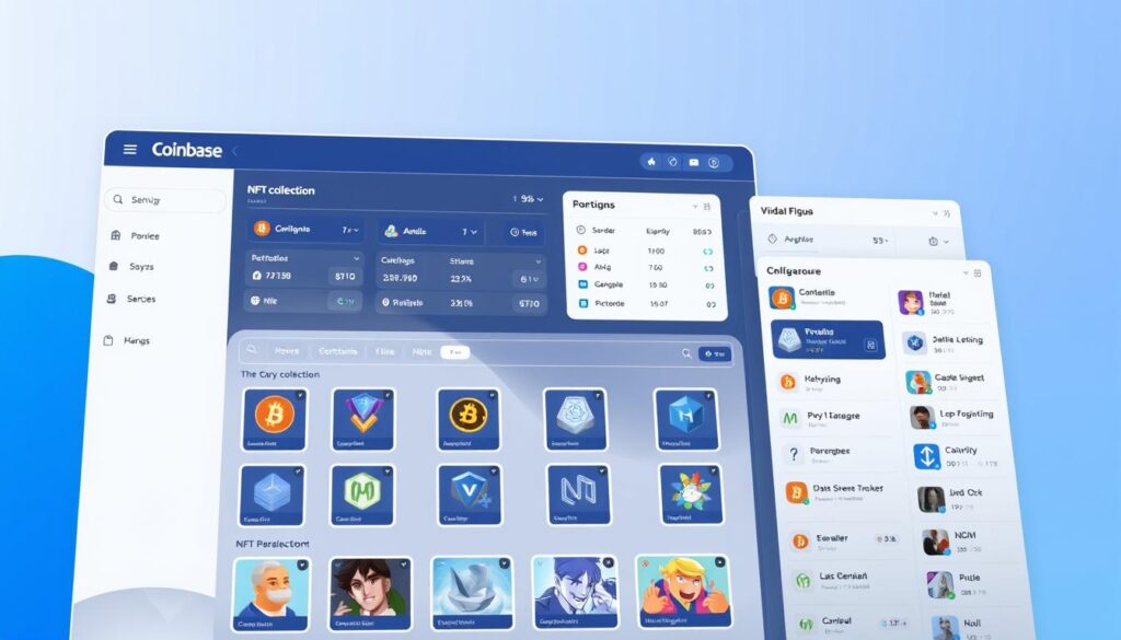 Detailed digital illustration of the Coinbase Wallet NFT management interface, featuring a sleek and modern user interface with a clean design. The foreground shows a user's NFT collection, displayed in a grid layout with high-resolution thumbnails. The middle ground showcases various NFT management tools, such as sorting, filtering, and detailed information panels. The background subtly blends a gradient of the Coinbase brand colors, creating a professional and premium aesthetic. The lighting is soft and directional, emphasizing the depth and texture of the digital elements. The camera angle is slightly elevated, providing an overview of the full interface layout.