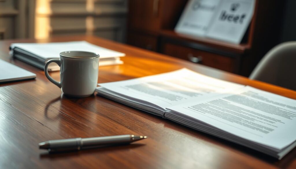 Elegant paperwork composed of crisp sheets, meticulously organized, resting on a refined wooden desk. The surface is illuminated by warm, directional lighting, casting gentle shadows and highlights that accentuate the texture of the documents. In the foreground, a clean pen and a mug of coffee or tea set the scene for an attentive, focused review of the campaign briefs. The background is softly blurred, drawing the viewer's attention to the thoughtfully presented materials, suggesting a sense of careful preparation and professionalism.